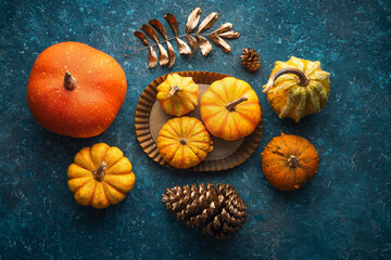 Autumn Pumpkin on blue vintage backdrop. Thanksgiving Background
