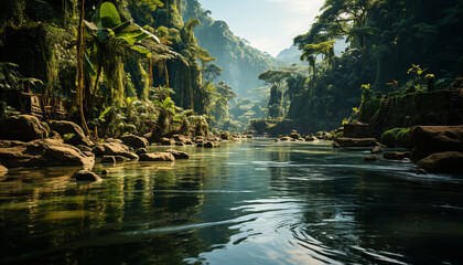Tranquil scene of green forest, flowing water generated by AI