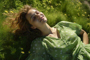 Smiling woman with eyes closed lying on the back in the meadow, photorealistic calm and peaceful portrait