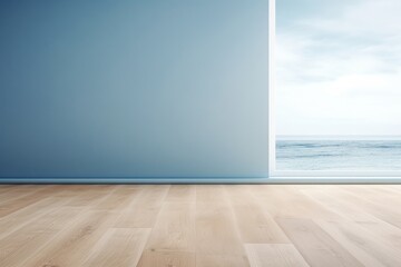 Empty room of a seaside house with pastel blue wall and oak floor. Interior, empty space and background for design. 