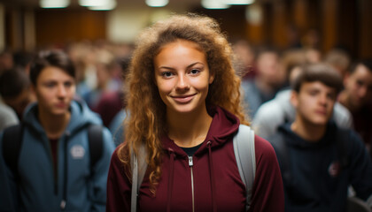 Fototapeta premium Smiling young adults studying in a crowded classroom generated by AI