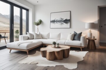 Fototapeta na wymiar Rustic live edge tree stump accent coffee table near white corner sofa. Scandinavian home interior design of modern living room