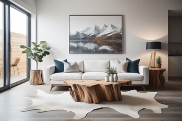 Rustic live edge tree stump accent coffee table near white corner sofa. Scandinavian home interior design of modern living room