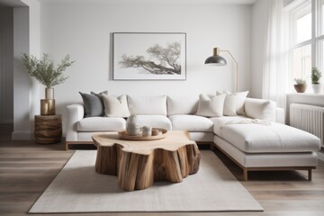 Fototapeta na wymiar Rustic live edge tree stump accent coffee table near white corner sofa. Scandinavian home interior design of modern living room