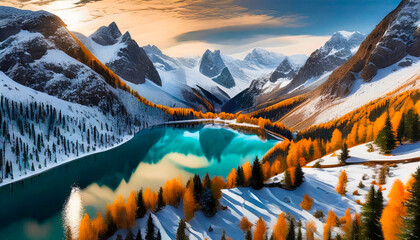 Panoramic view of a lake in the mountains with snow. Reflections on the water and autumn colors of the larches. Rocky mountains tower around the lake. Image generated by artificial intelligence.