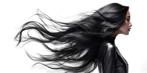 Stunning asian woman with long black hair. Glossy wavy beautiful hair - obrazy, fototapety, plakaty