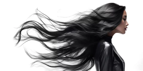 Fotobehang Stunning asian woman with long black hair. Glossy wavy beautiful hair © LiliGraphie