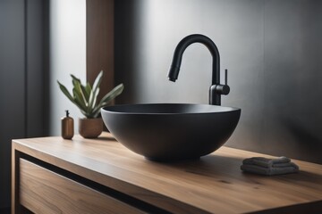 Stylish black vessel sink and faucet on wooden countertop. Interior design of modern bathroom