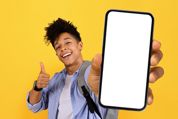 Cheerful black guy student showing phone screen and gesturing thumb up