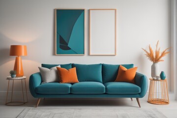 Teal curved sofa with orange pillows against white wall with poster. Scandinavian style home...