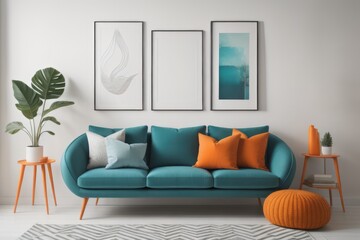 Teal curved sofa with orange pillows against white wall with poster. Scandinavian style home interior design of modern living room - Powered by Adobe