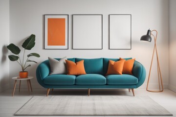 Teal curved sofa with orange pillows against white wall with poster. Scandinavian style home interior design of modern living room