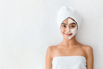 Top view happy indian woman with mask on half face