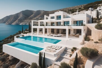 Traditional mediterranean white house with pool on hill with stunning sea view. Summer vacation background