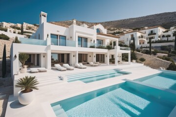 Fototapeta premium Traditional mediterranean white house with pool on hill with stunning sea view. Summer vacation background