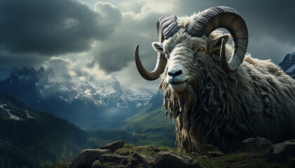 Majestic mountain goat roams freely in snowy landscape generated by AI - obrazy, fototapety, plakaty