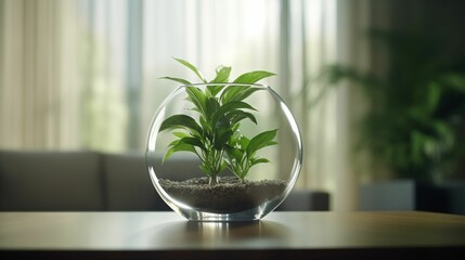 Verdant Solitude: Plant in a Glass Bowl Against Dramatic Backdrop