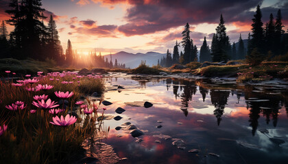 Tranquil scene of sunset over mountain range generated by AI
