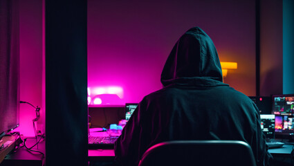 Hacker in a hoodie, computer - obrazy, fototapety, plakaty