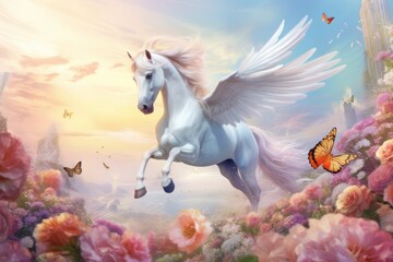 Obraz na płótnie Canvas The beautiful winged mythical white horse Pegasus flying over colorful spring meadow. 