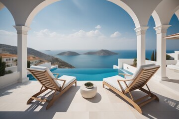 Two deck chairs on terrace with pool with stunning sea view. Traditional mediterranean white architecture. Summer vacation concept