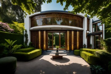 The historical tranquility of an Art Deco residence's garden retreat, with a view of the symmetrical landscaping and timeless design