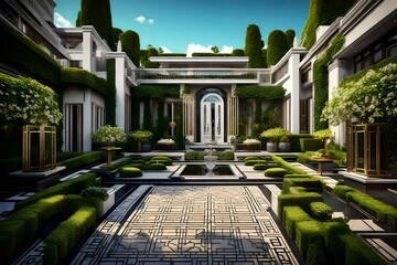 An Art Deco residence's landscaped garden path, surrounded by symmetrical landscaping and the classic beauty of the era
