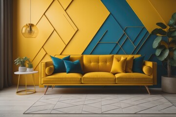 Vibrant yellow velvet sofa against of colorful tiles wall paneli