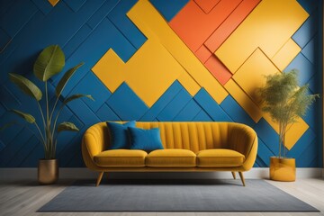 Vibrant yellow velvet sofa against of colorful tiles wall paneli