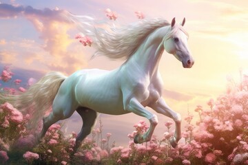 Obraz na płótnie Canvas Beautiful white horse running through meadow full of flowers. 