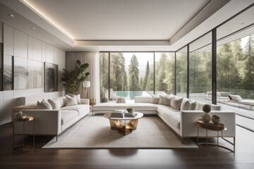 Fototapeta na wymiar White sofa against floor to ceiling window. Hollywood glam, mid-century style home interior design of modern living room in villa in forest 