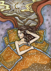 A girl sleeping in a bed with constellations on the pillows against the background of the night sky with a month and stars.