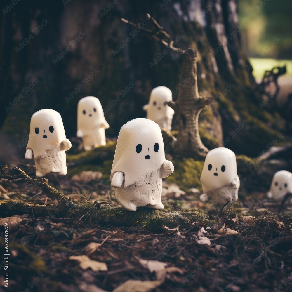 Poster a group of white ghost toy figurines standing in front of a tree. generative ai.