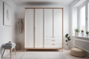 White wooden wardrobe in scandinavian style interior design of modern bedroom