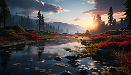 Tranquil scene, mountain peak, green meadow, blue sky generated by AI
