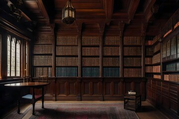 A Tudor style house's vintage library, adorned with classic bookshelves and antique design elements