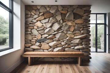 Wild stone cladding wall in bright hallway. Wooden bench near white wall with big poster frame against panoramic window. Luxury home interior design of modern entrance hall 
