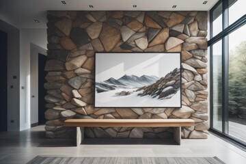 Wild stone cladding wall in bright hallway. Wooden bench near white wall with big poster frame against panoramic window. Luxury home interior design of modern entrance hall 