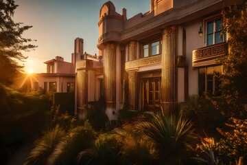 An enchanting view of an Art Deco residence's exterior, framed by the historical features and bathed in the soft light of the setting sun
