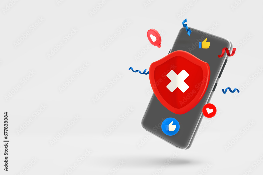 Poster Modern smartphone with red shield with cross. 3d vector banner with copy space
