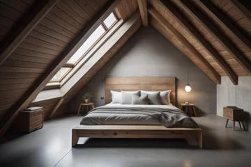 Foto auf Leinwand  Wooden bed near concrete wall. Interior design of modern bedroom in attic with vaulted ceiling © Marko