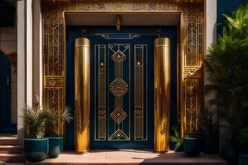 The iconic entrance of an Art Deco residence, featuring decorative embellishments and a focus on the historical architectural style