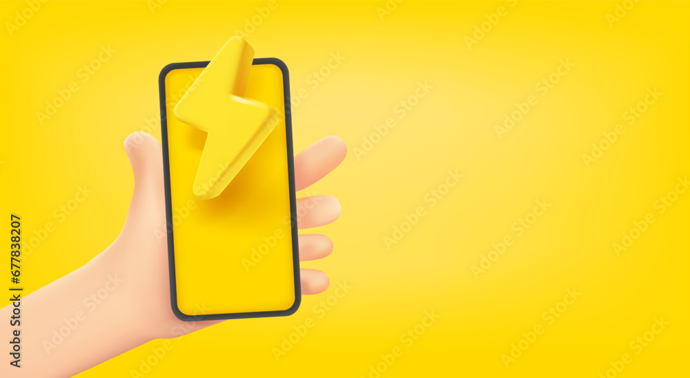 Poster Man holding smartphone with golden thunderbolt. 3d vector banner with copy space
