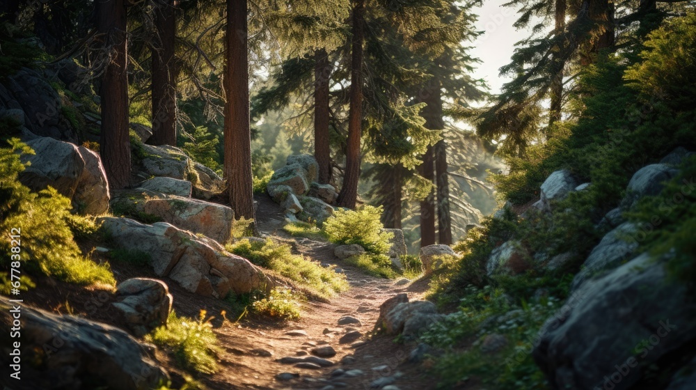 Poster a dirt path in the middle of a forest. generative ai.