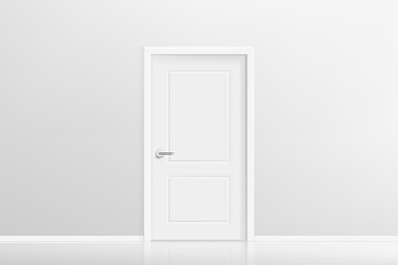 Closed door in bright interior with mirror on a floor. Realistic 3d style vector illustration 