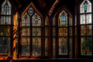 A view through the leaded glass windows of a Tudor style house, capturing the warmth and character of the interior