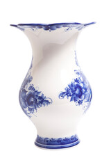 Vintage Gzhel Blue Porcelain Vase Isolated on white.