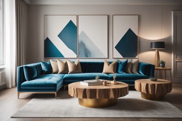 Wooden coffee table and two velvet sofas. Interior design of modern living room 