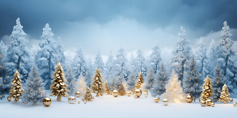 Fototapeta na wymiar Christmas tree and Christmas lights on abstract snowy landscape background, concept with advertising space. Snow-Covered Christmas Tree in a Forest Setting, with a Blurred AI Generative 