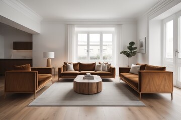 Wooden coffee table and two velvet sofas. Interior design of modern living room 